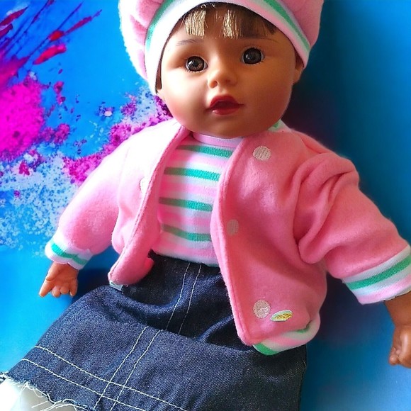 Excite USA Baby Doll Girl W Pink Coat Hat Denim Skirt 16" Soft Body Plastic Face - Picture 7 of 9